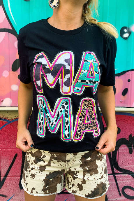 Svart MAMA Letter Western Mode grafisk T-shirt