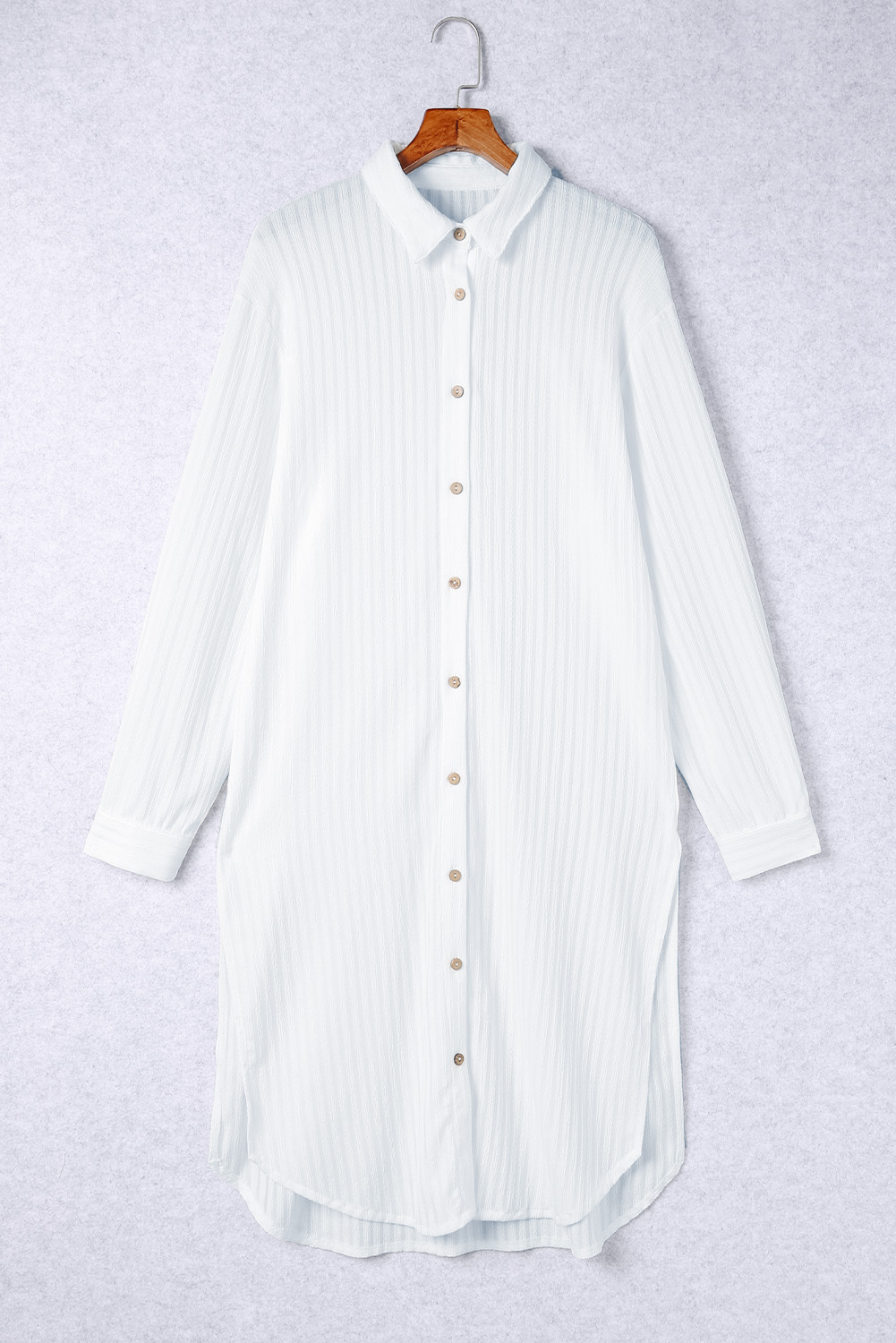 $9.8 White Striped Crinkle Button Front Cover Up Shirt Dress Wholesale