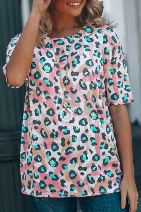 T-shirt tie-dye con stampa leopardata rosa