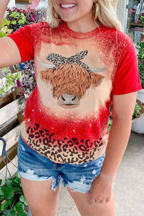 Vurig rood vaars grafisch luipaard gebleekt tie-dye T-shirt