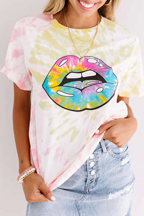 イエロー マルディグラ ビッグ リップ プリント タイダイ T シャツ