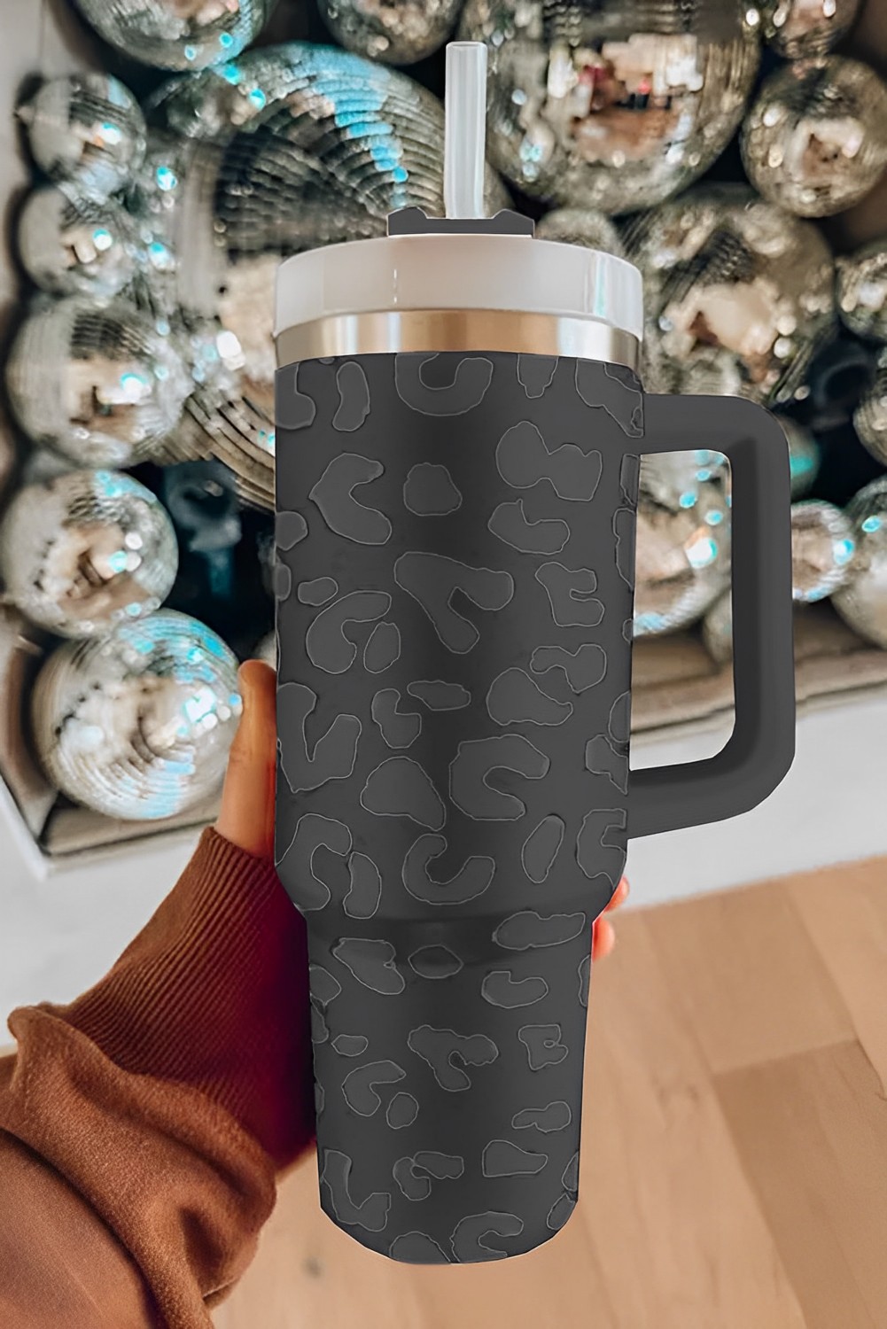 Gray Leopard Print 40oz Stainless Steel Portable Cup with HandleAPPS