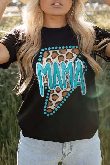 Črna majica z grafiko Western MAMA Leopard Lightning