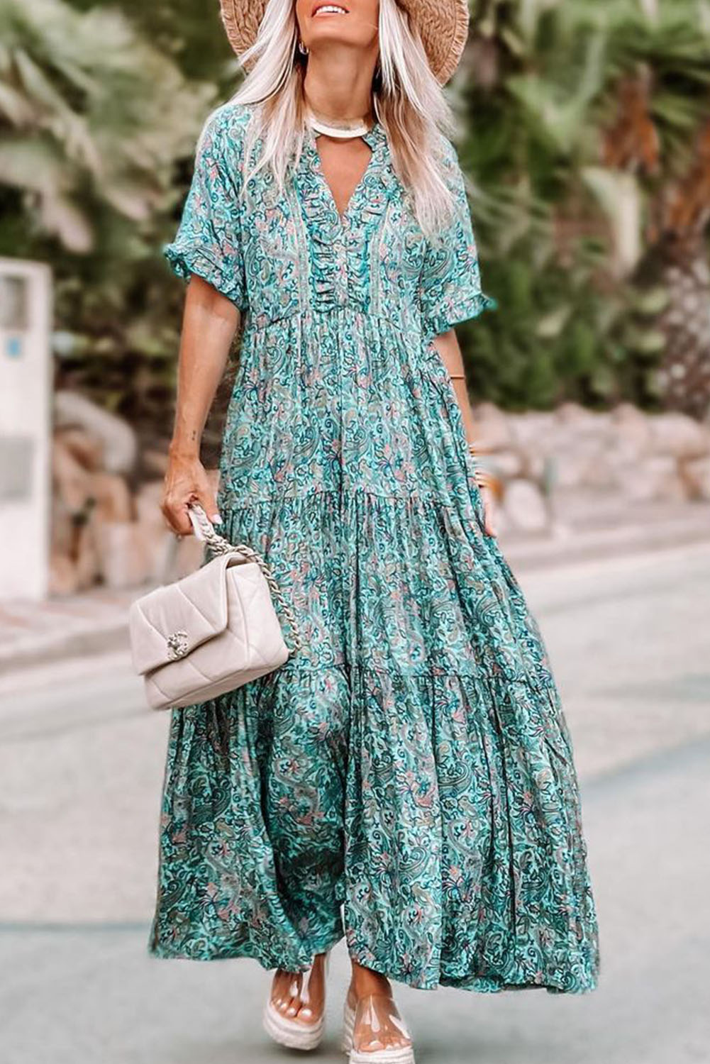 $12.98 Sky Blue Paisley Print Boho Holiday Ruffle Tiered Maxi Dress ...