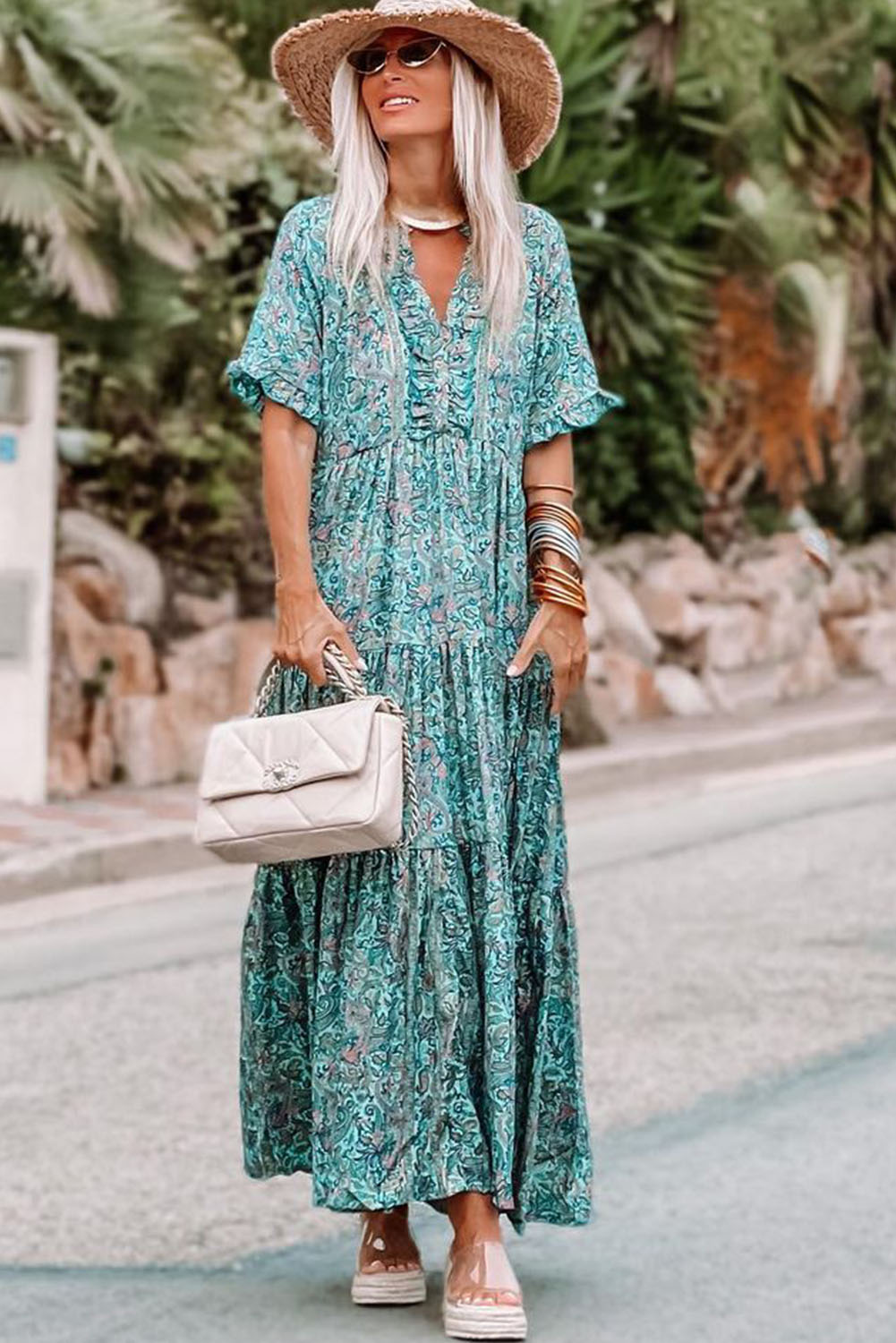 $12.98 Sky Blue Paisley Print Boho Holiday Ruffle Tiered Maxi Dress ...