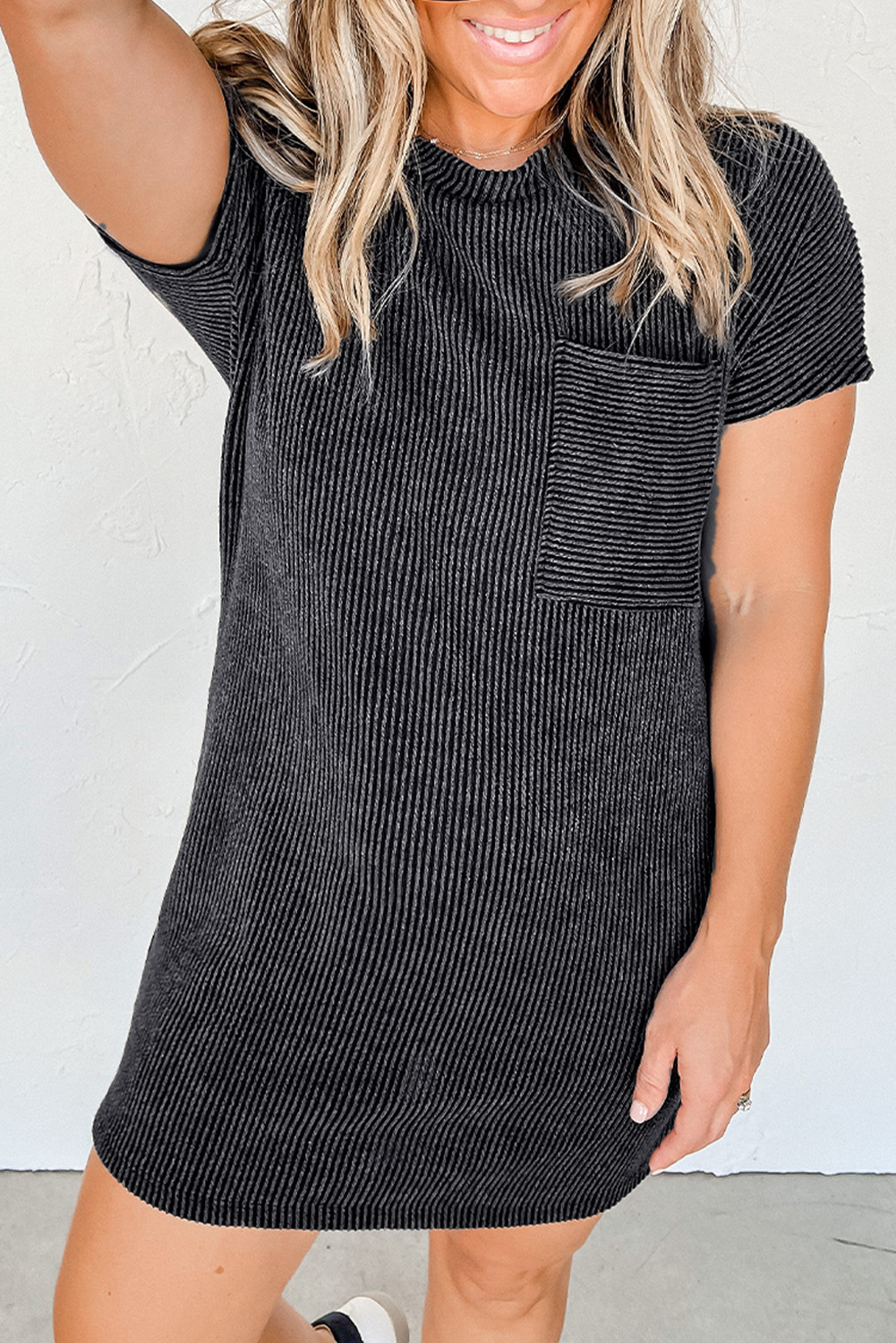 6.5 Gray Striped Ribbed Knit T shirt Shift Dress Wholesale