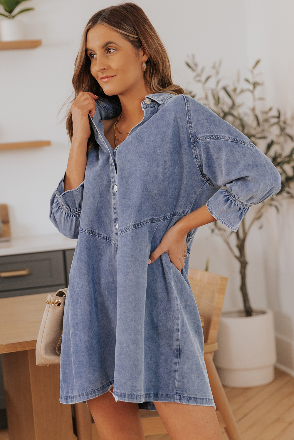 $14.98 Sky Blue Buttoned Long Sleeve Denim Mini Dress Wholesale