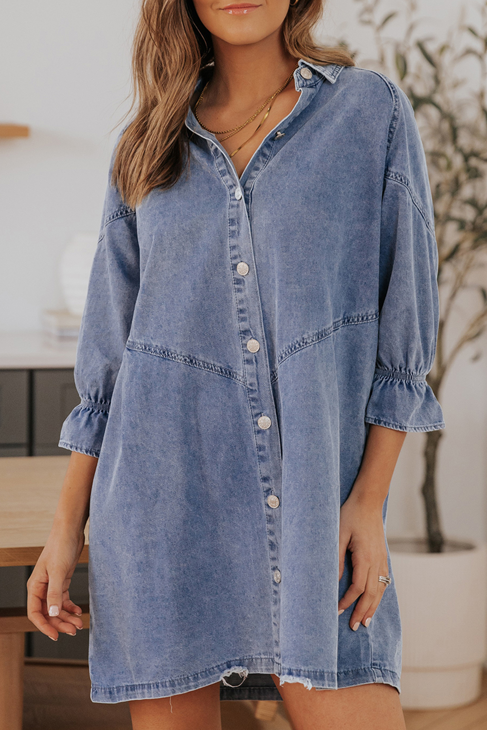 $14.98 Sky Blue Buttoned Long Sleeve Denim Mini Dress Wholesale