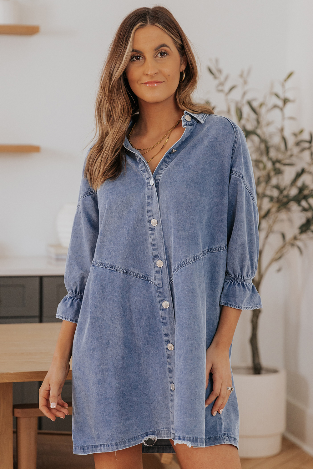 $14.98 Sky Blue Buttoned Long Sleeve Denim Mini Dress Wholesale