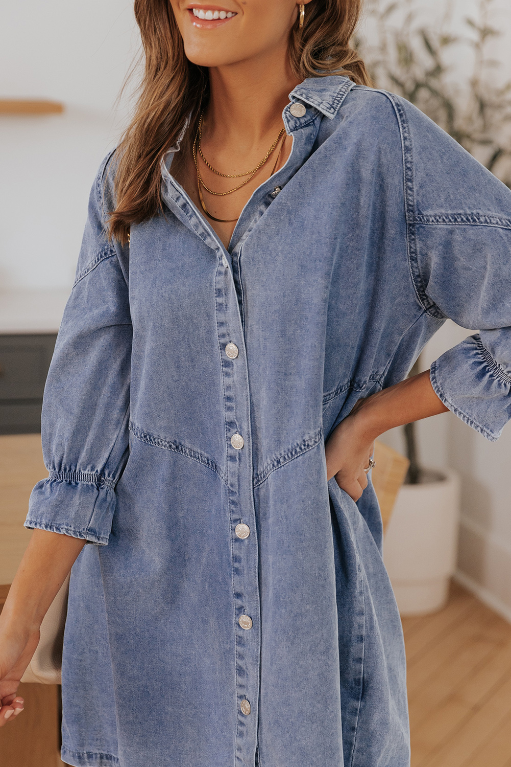 $14.98 Sky Blue Buttoned Long Sleeve Denim Mini Dress Wholesale