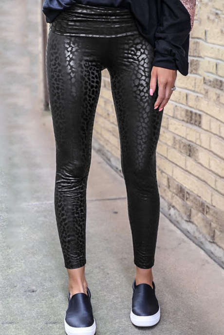 Legging texturé léopard noir brillant