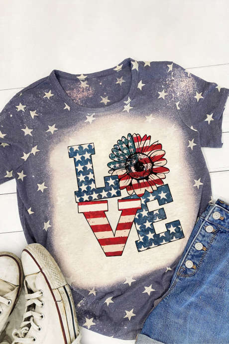 T-shirt graphique bleu Starlet Allover LOVE Sunflower Flag