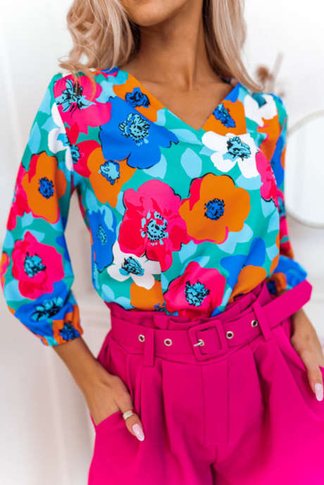 Veelkleurige bloemenprint blouse met V-hals en 3/4 mouwen