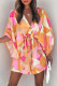 Pink Floral Print Button Drawstring Batwing Sleeve Dress