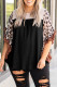 Blusa de malha preta com estampa animal print mangas babados plus size