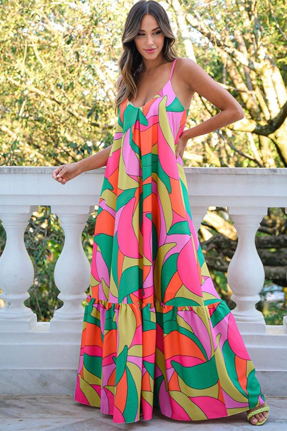 $11.76 Multicolor Boho Geometric Print Sleeveless Maxi Dress Wholesale