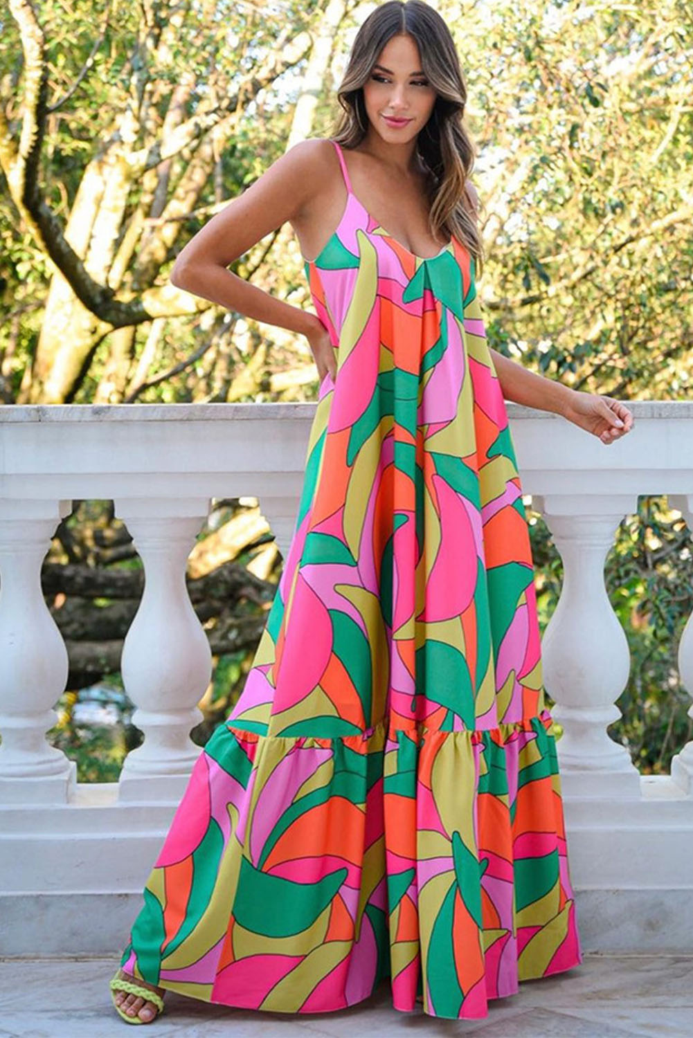 $11.76 Multicolor Boho Geometric Print Sleeveless Maxi Dress Wholesale