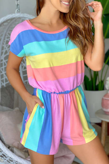 Multicolor Striped Print High Waist Short Sleeve Romper with Pockets LC6411876-22