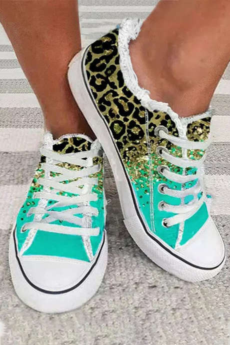 Veelkleurige Luipaardprint Criss Cross Distressed Canvas Sneakers