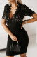 Mini vestido ajustado con cuello en V de patchwork de encaje transparente negro