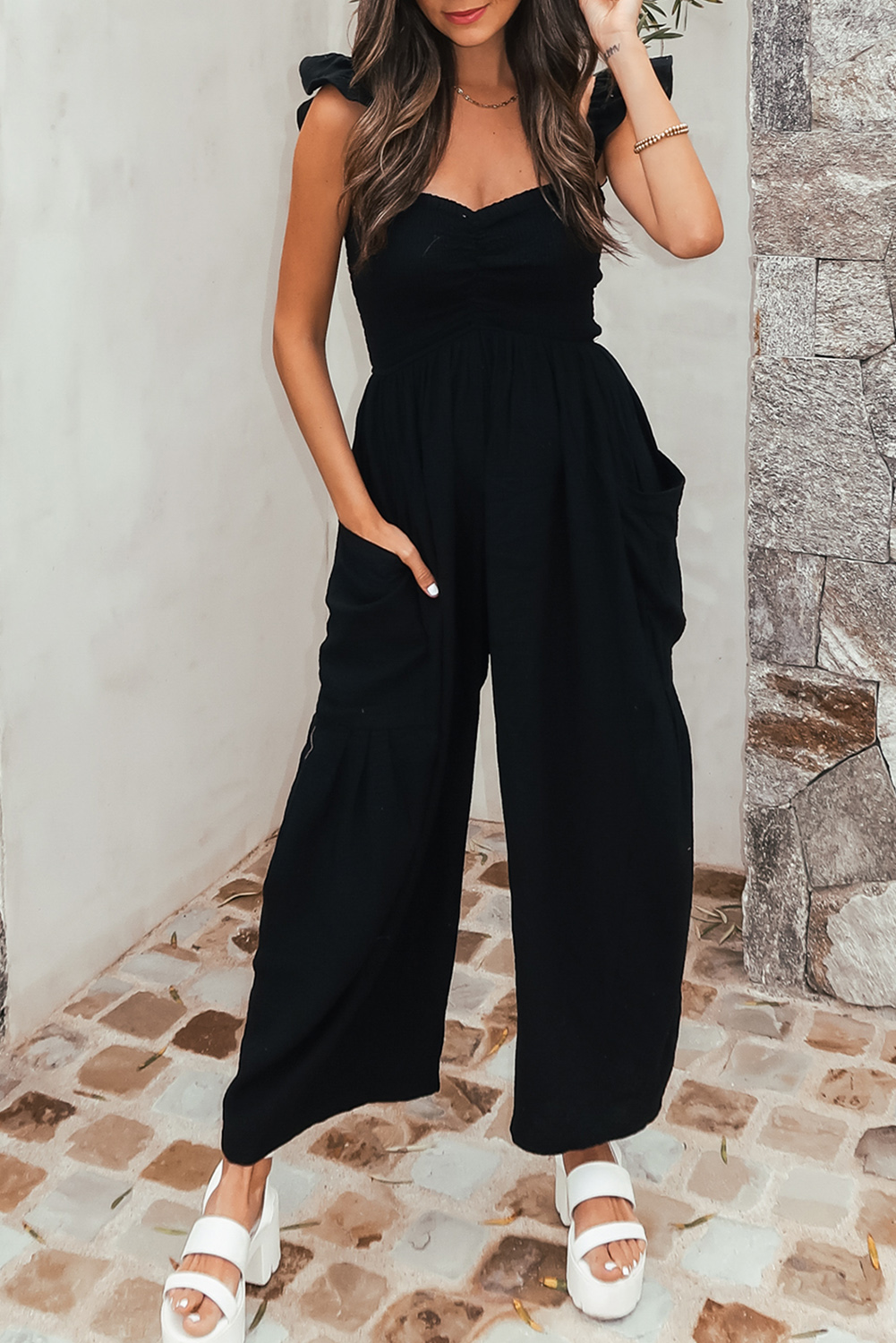 $11.29 Black Smocked Sweetheart Ruffle Straps Wide Leg Jumpsuit Wholesale
