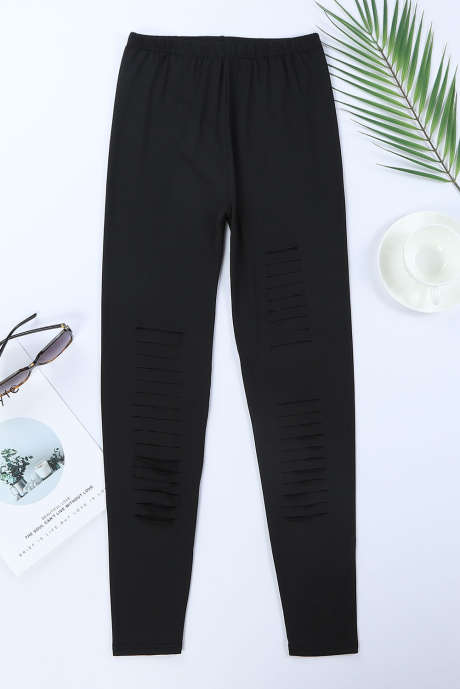 Black Solid Color High Waist Ripped Leggings