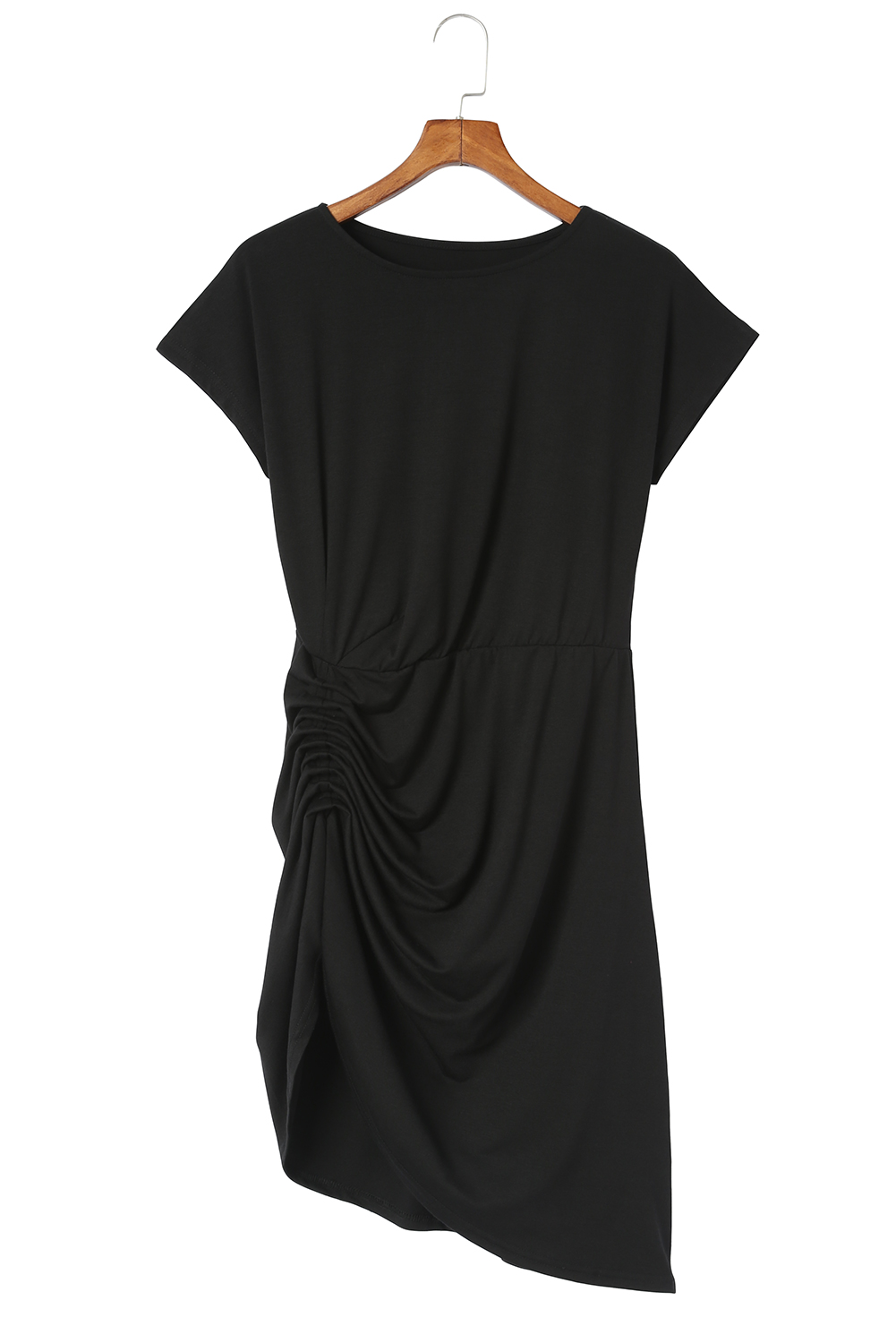 $7.4 Black Side Shirring Short Sleeve Mini Dress Wholesale
