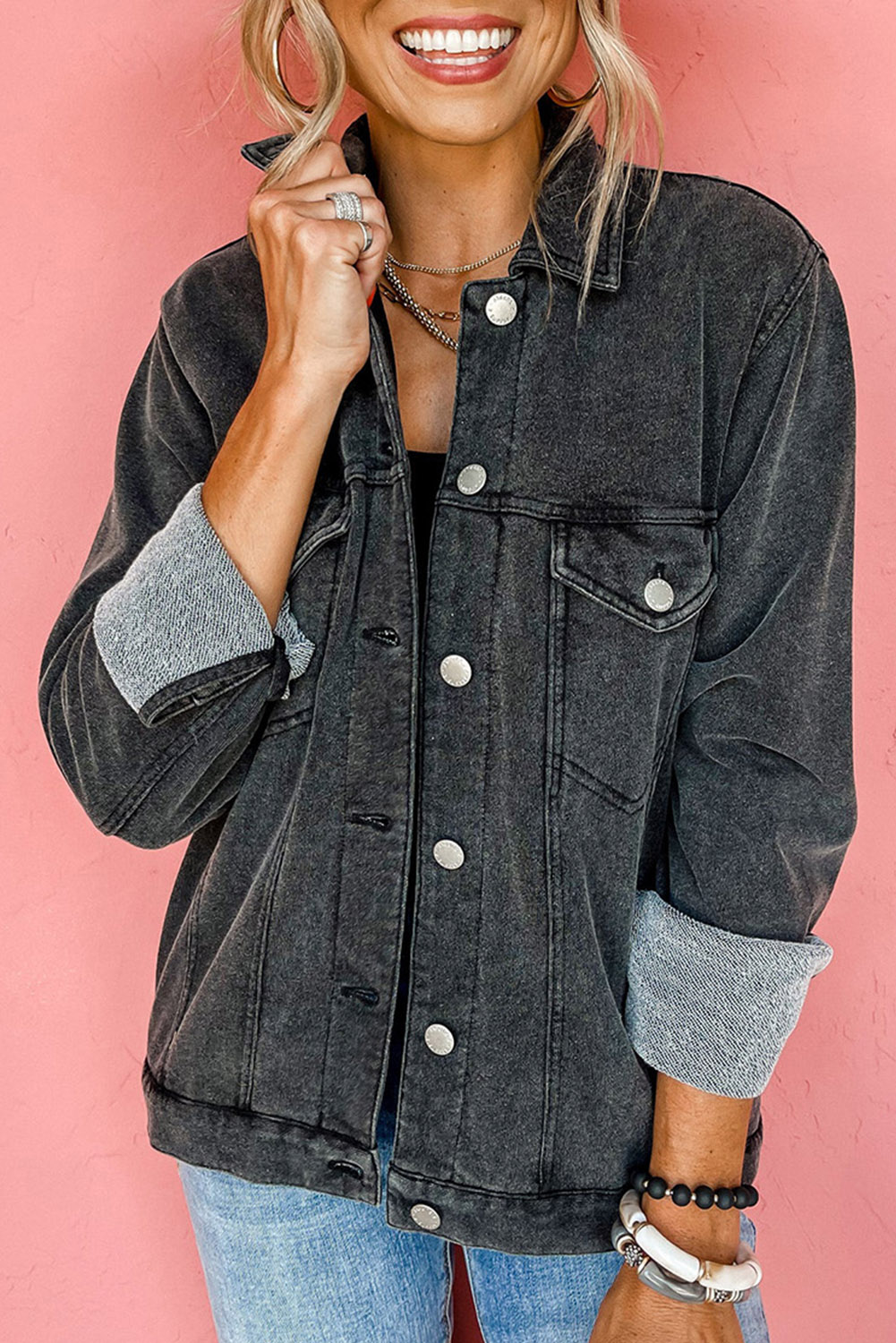 $14.98 Black Patchwork Chest Pockets Buttoned Denim Jacket Wholesale