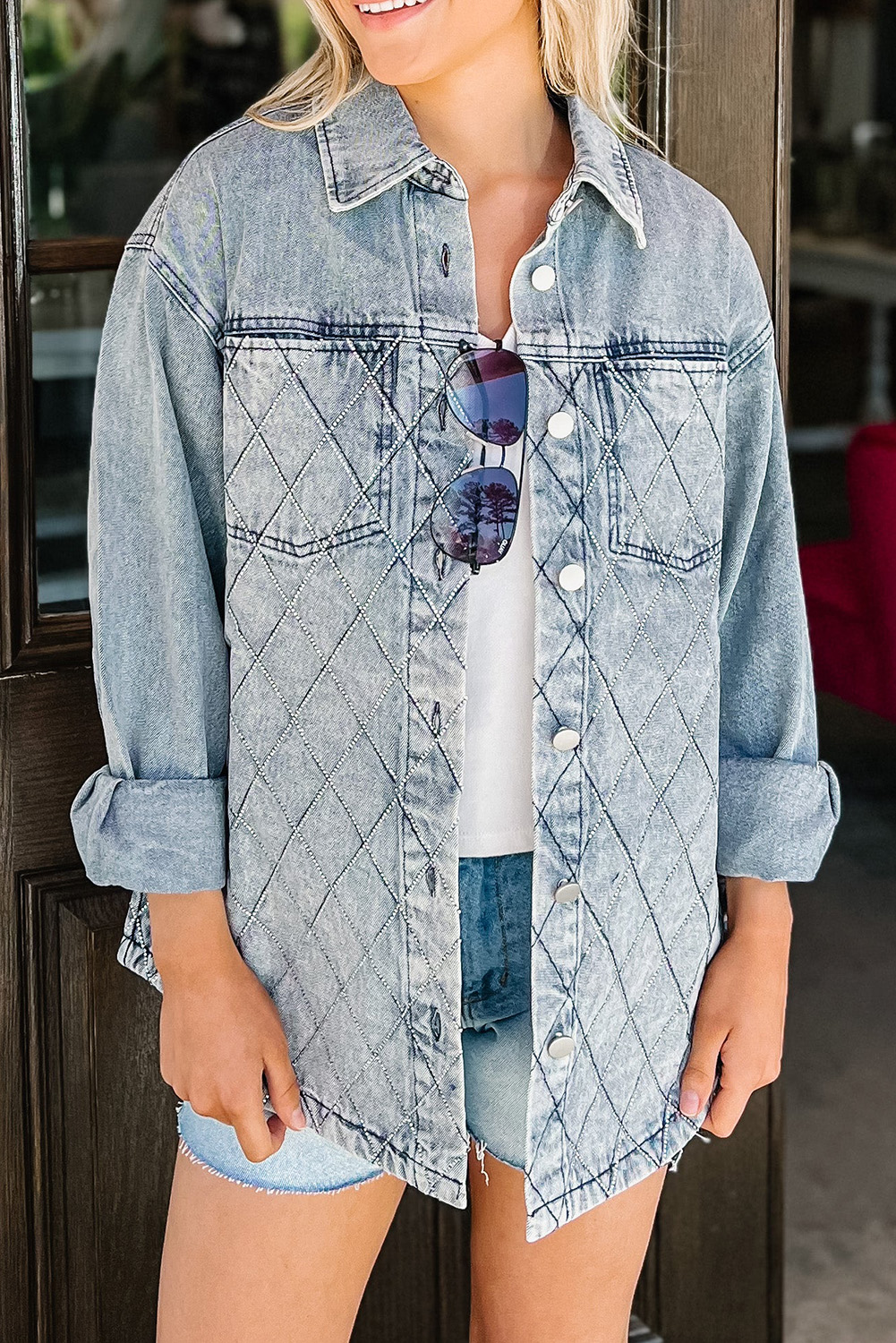 $14.98 Sky Blue Quilted Rhinestone Chest Pocket Denim Shacket Wholesale
