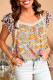 Multicolor Lace Trim Mix Floral Printed Contrast Ruffle Sleeve Blouse