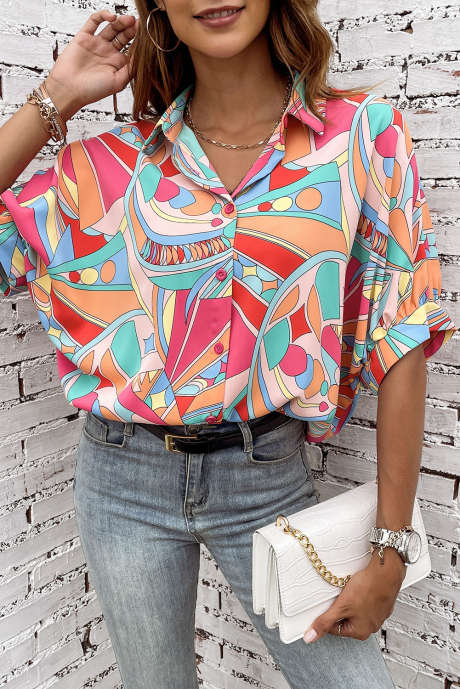 Chemise ample multicolore à imprimé géométrique abstrait et manches demi-bouffantes