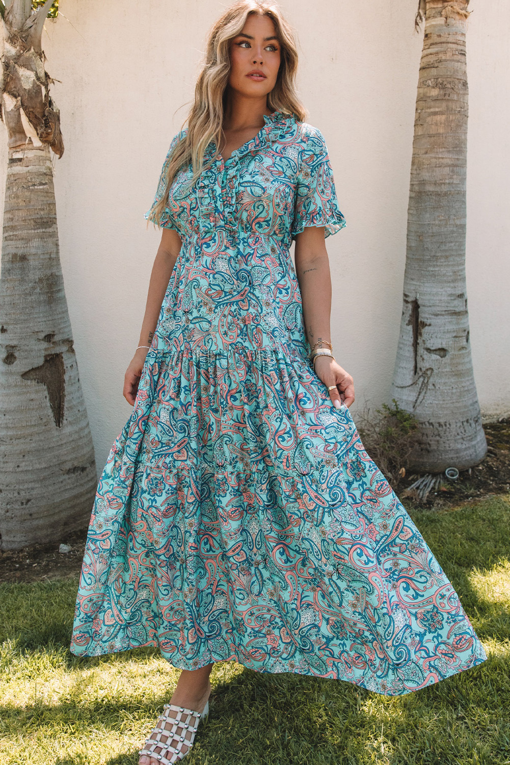 $12.98 Sky Blue Paisley Print Boho Holiday Ruffle Tiered Maxi Dress ...