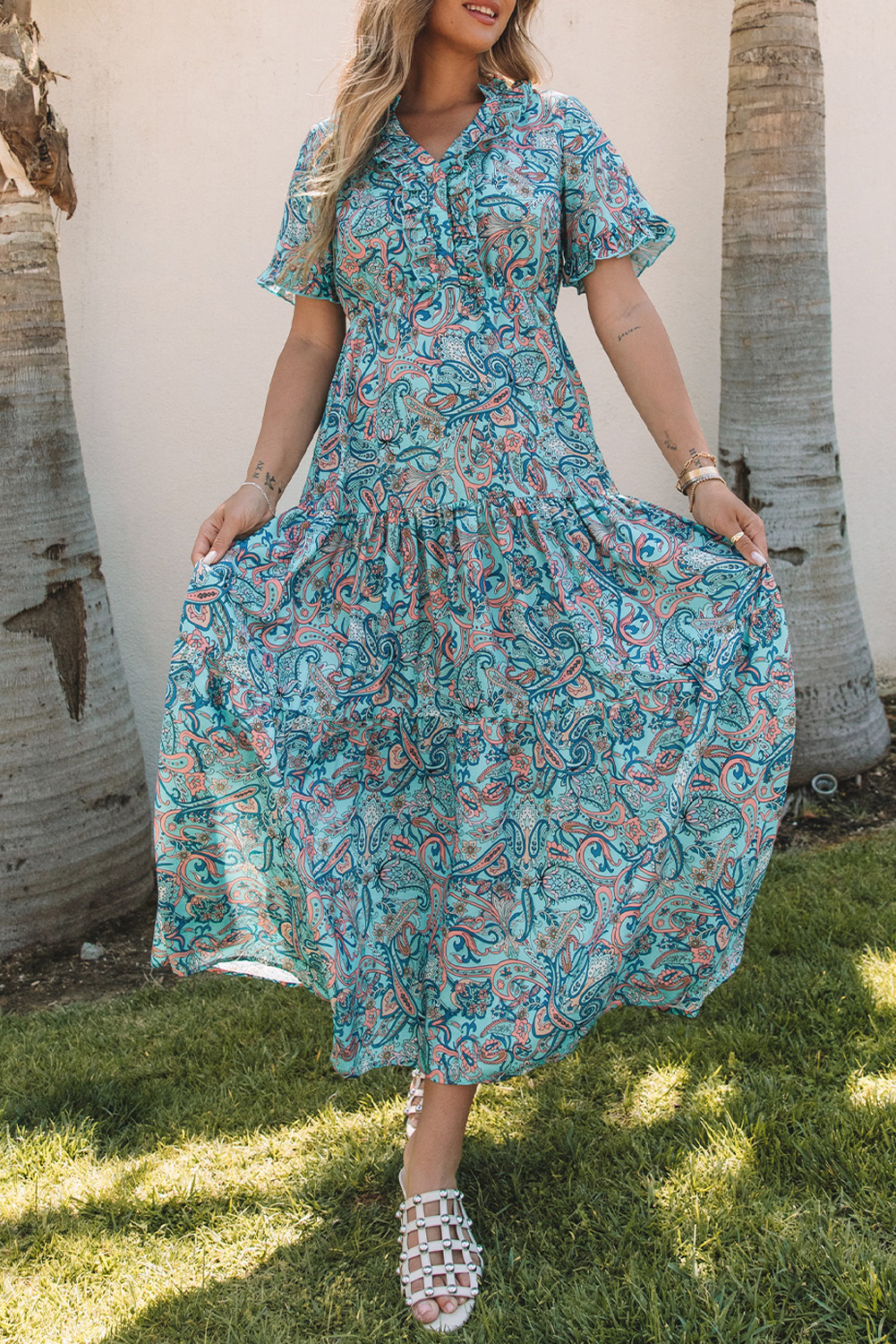 $12.98 Sky Blue Paisley Print Boho Holiday Ruffle Tiered Maxi Dress ...