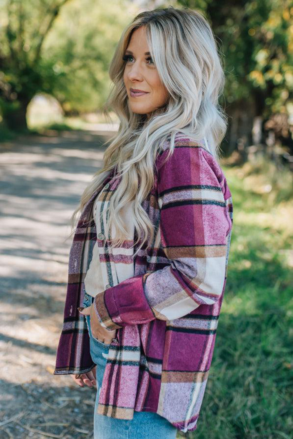 $10.69 Purple Plaid Button Up Shacket Wholesale