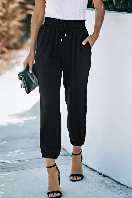 Pantalones deportivos negros lisos con cordón ajustable y cintura fruncida LC7711255-2