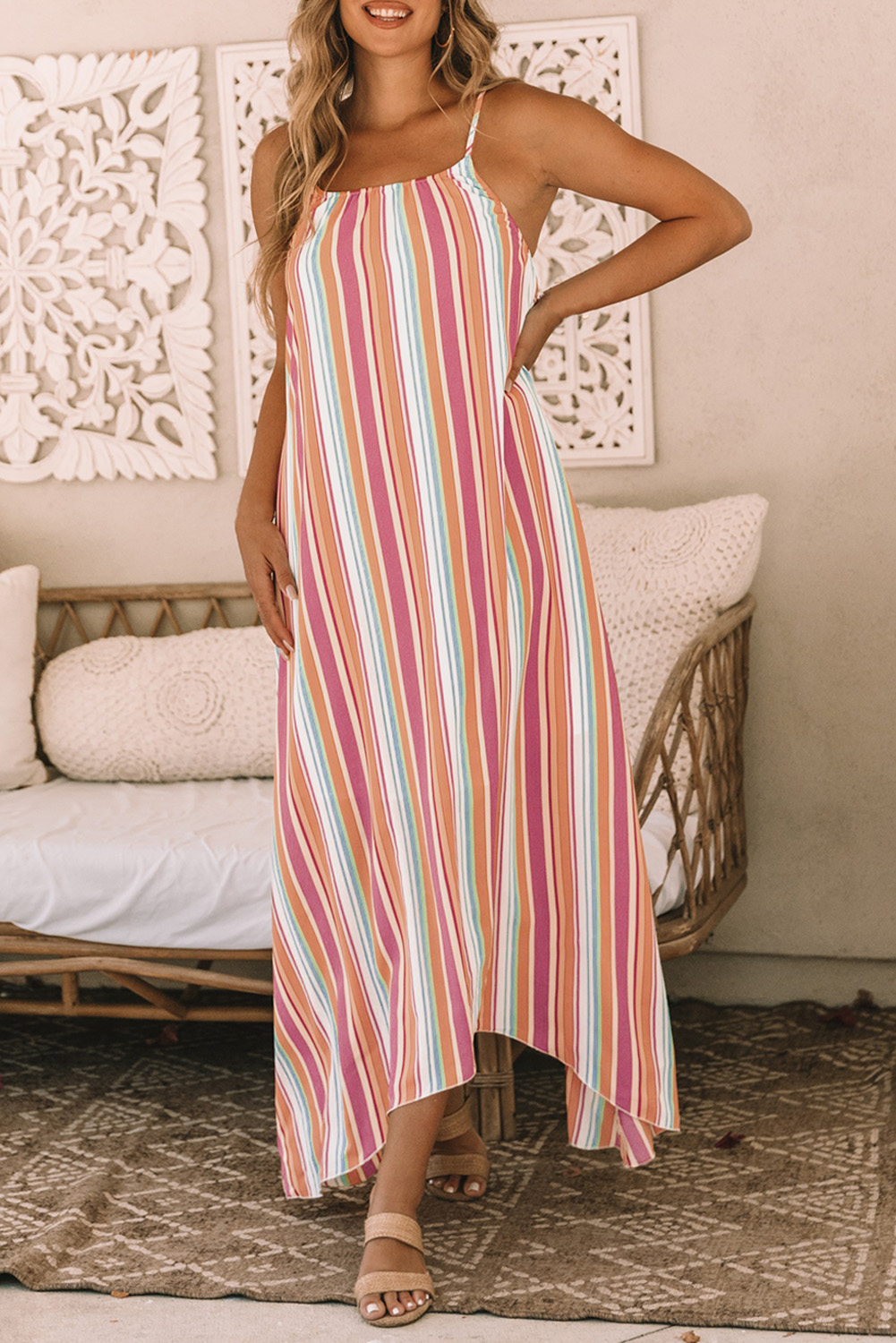 $7.98 Bohemian Striped Print Sleeveless Holiday Maxi Dress Wholesale