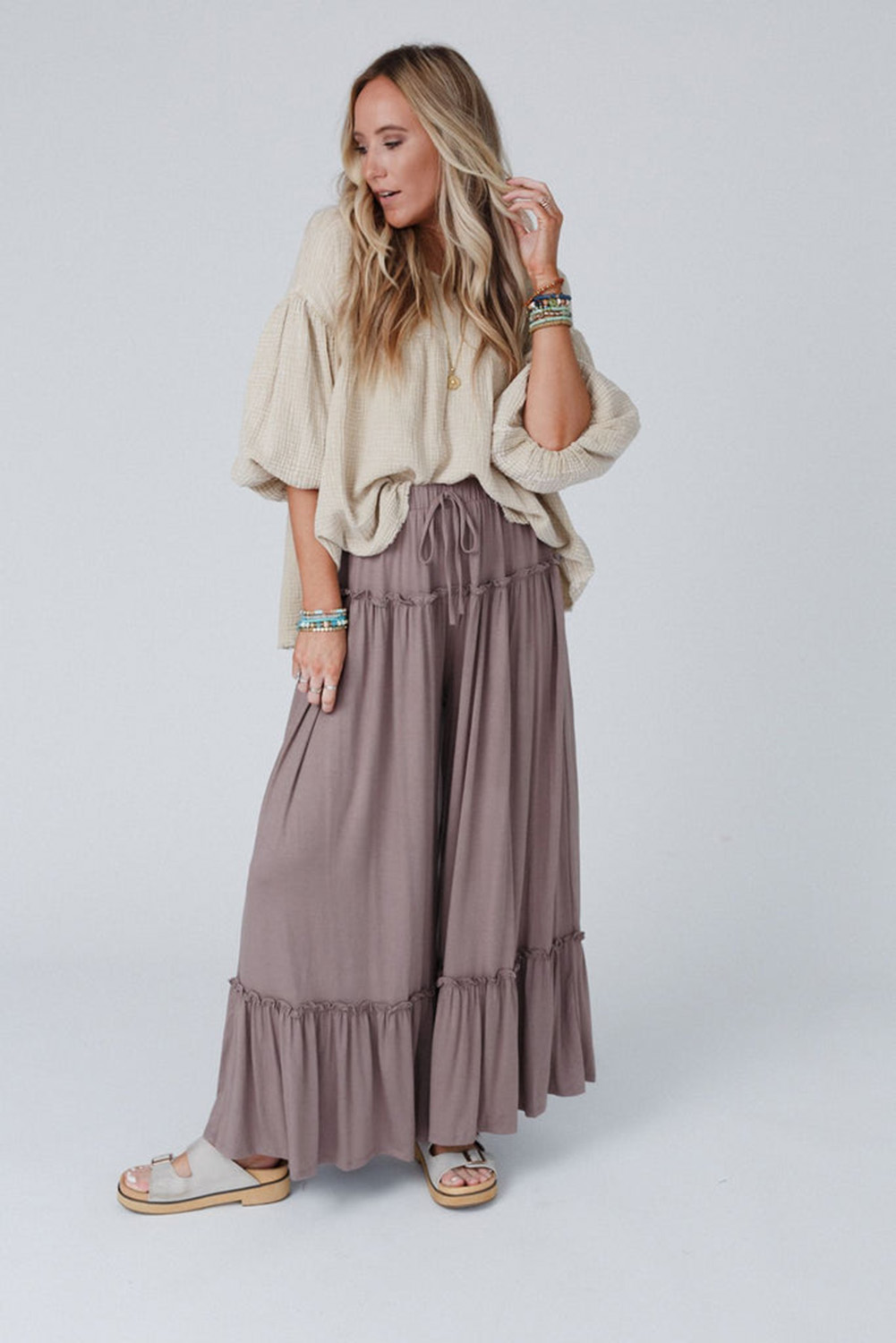 $8.62 Khaki Frilled Drawstring High Waist Wide Leg Pants Wholesale