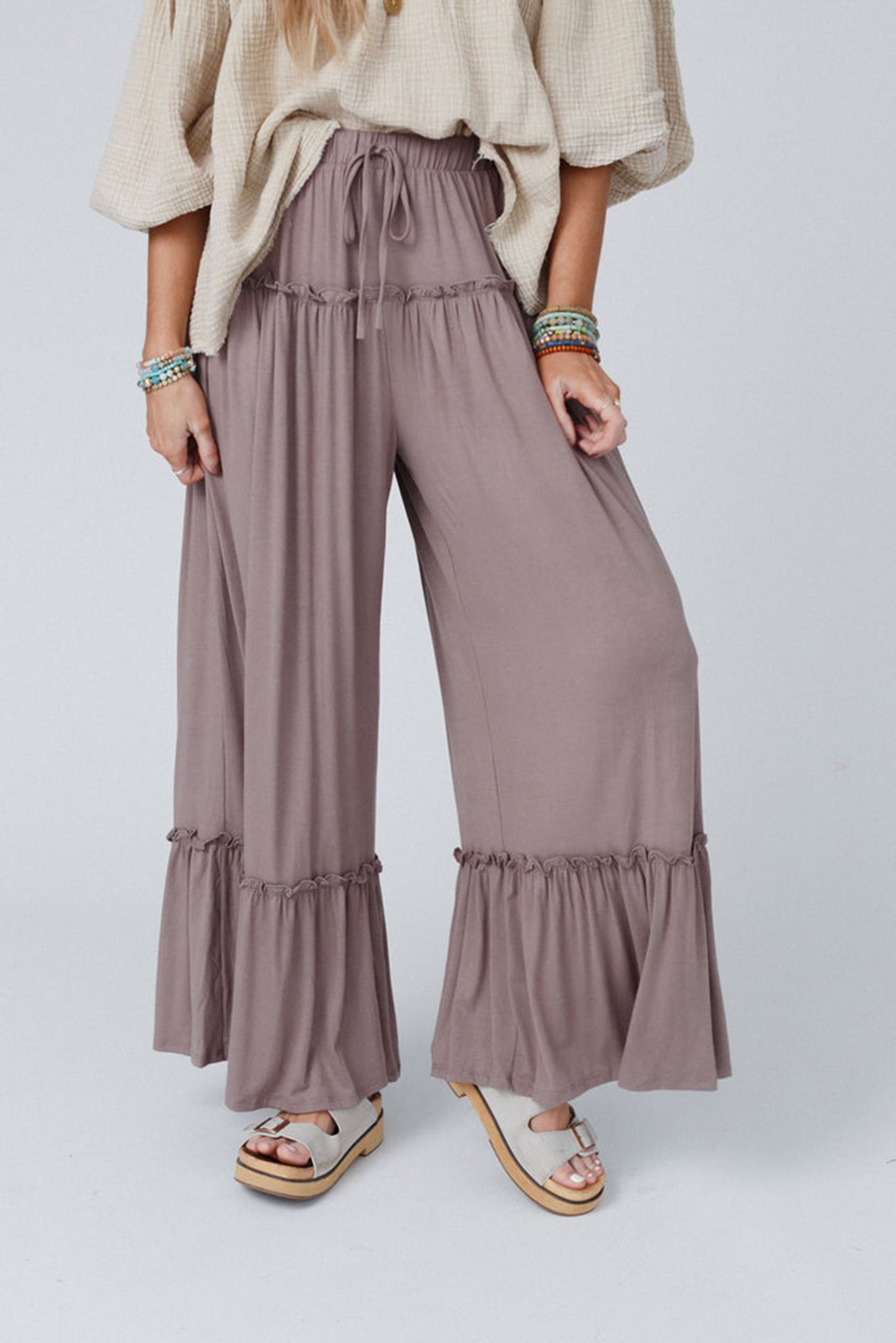 $8.62 Khaki Frilled Drawstring High Waist Wide Leg Pants Wholesale