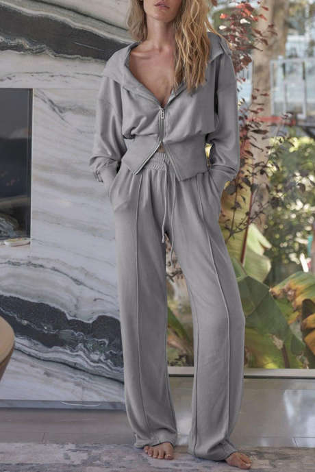 Grijze dubbele rits capuchon jas en joggingbroek actieve set