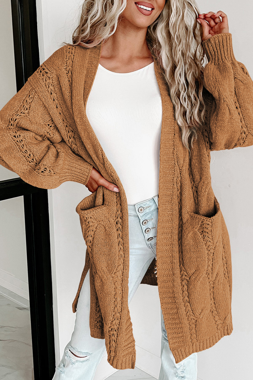 $10.51 Khaki Ribbed Trim Eyelet Cable Knit Cardigan Wholesale