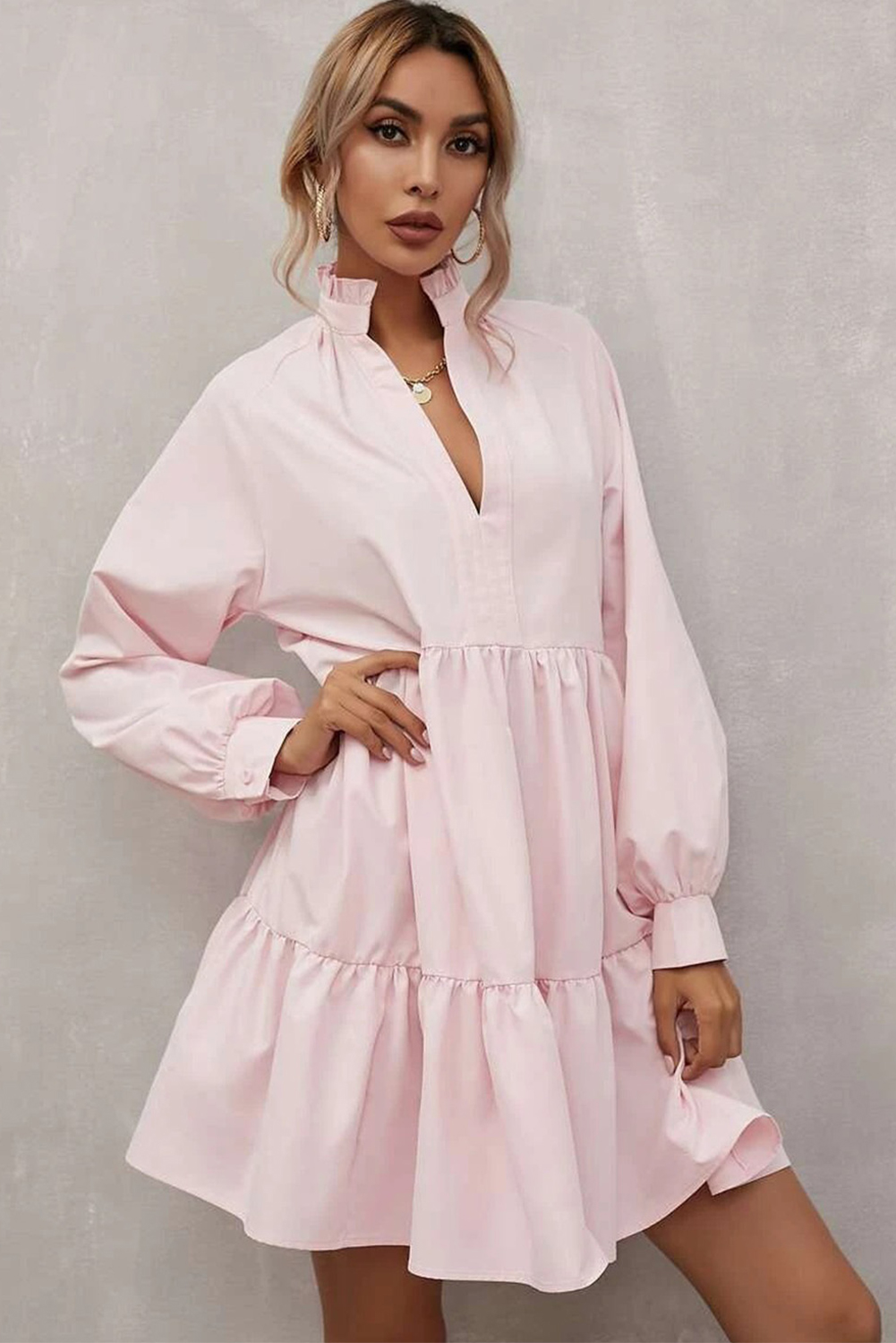 $10.8 Pink Frilled Stand Collar Long Sleeve Ruffle Dress Wholesale