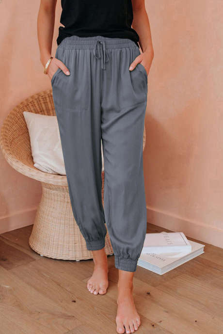 Gray Drawstring Elastic Waistband Pocketed Cropped Jogger Pants
