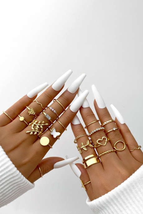 Gold Butterfly Vines Hollowed Heart Geometric 24-osainen sormussetti