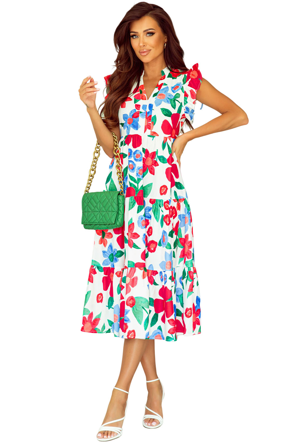 $11.5 Multicolor Flutter Sleeve V Neck High Waist Floral Midi Dress ...