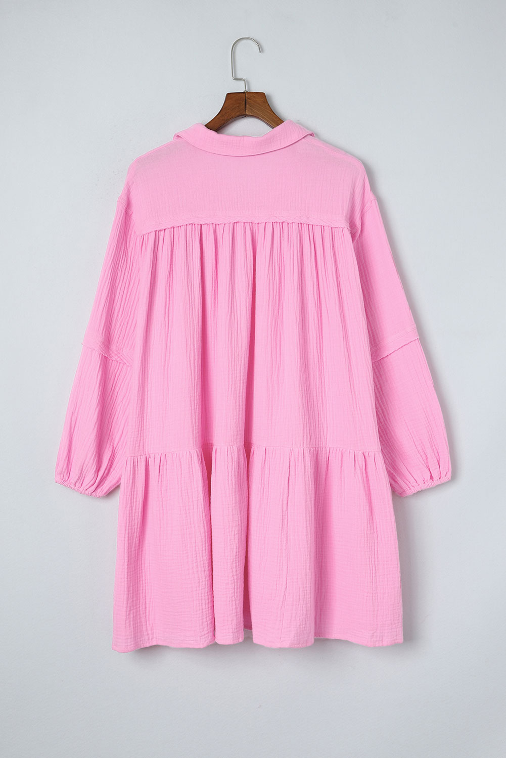 $11.6 Pink Turn-down Neck Textured Bubble Sleeve Dress Wholesale