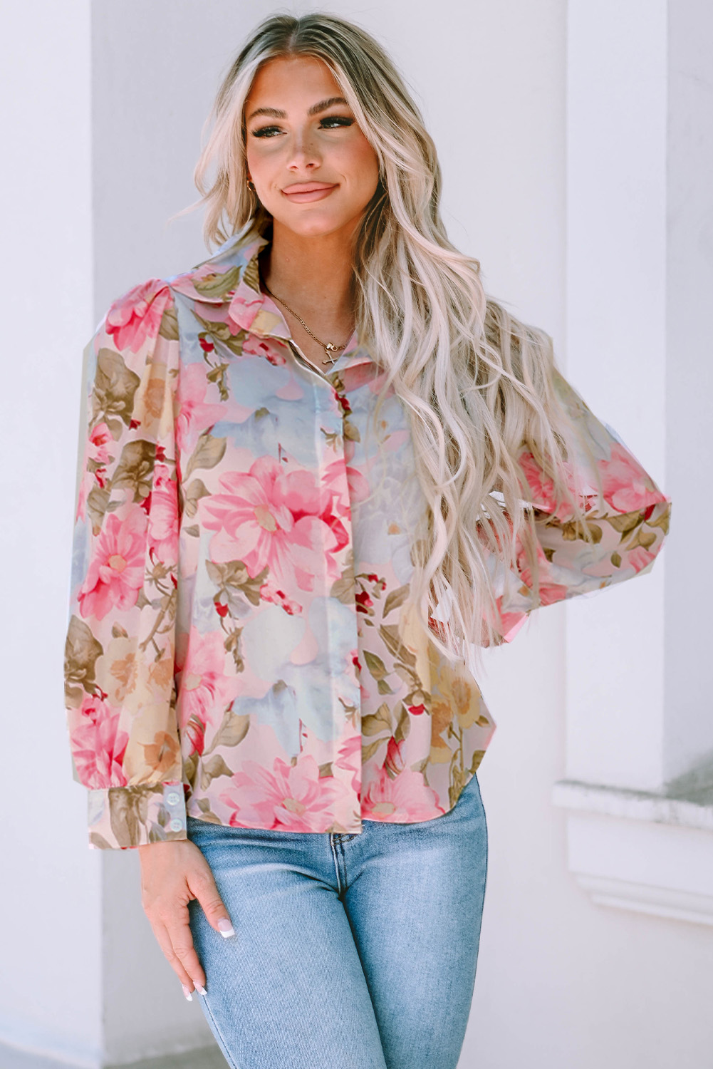 $7.3 Pink All Floral Puff Sleeve Collared Shirt Wholesale