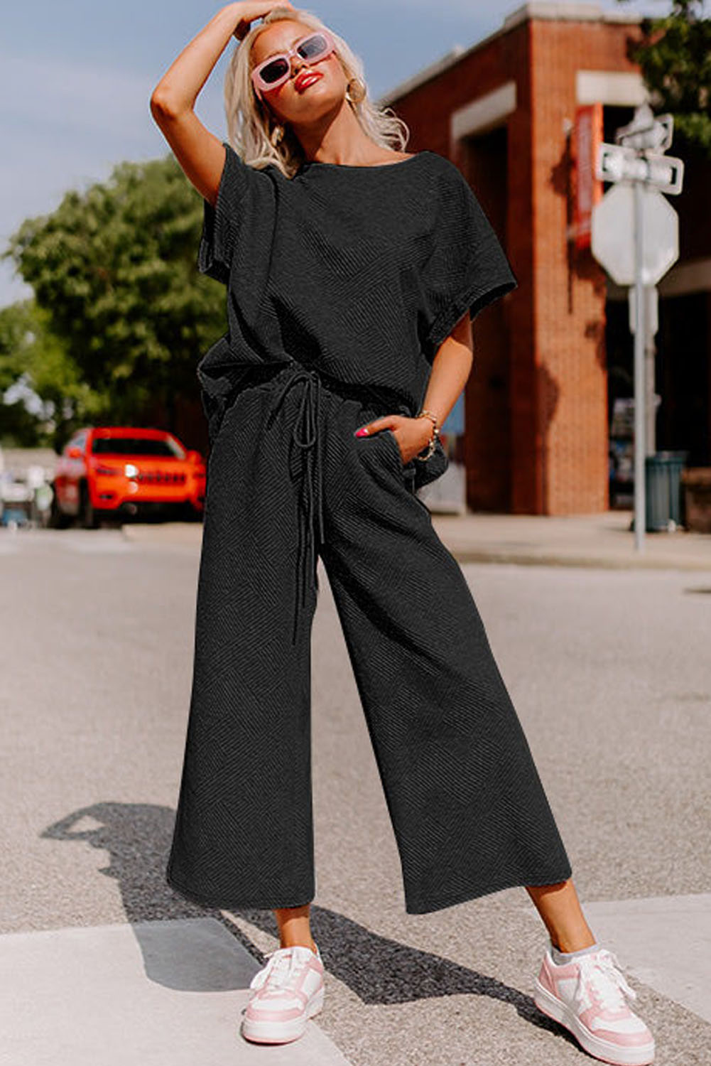 $12.25 Black Textured Loose Fit T Shirt and Drawstring Pants