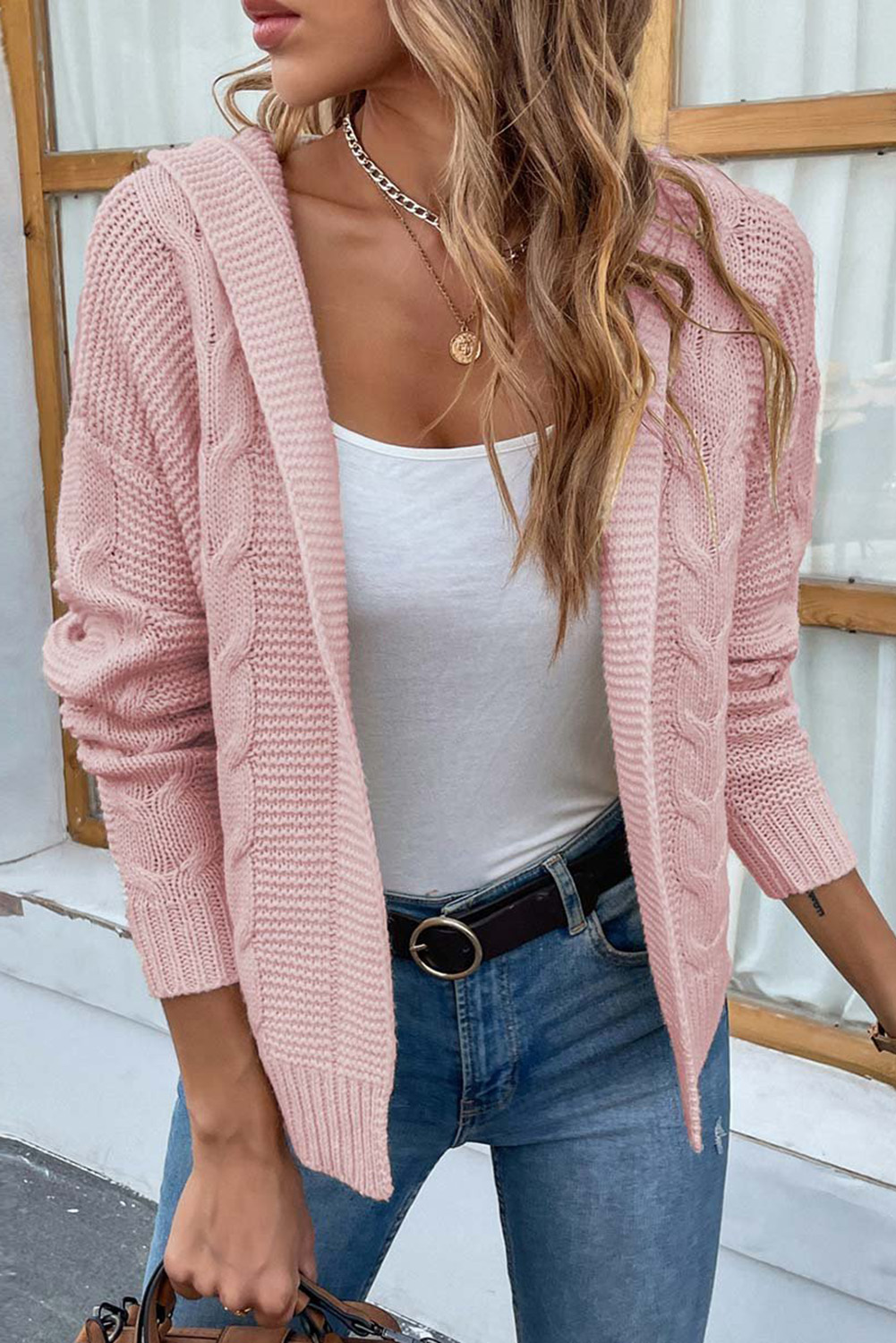 $10.29 Light Pink Cable Knit Hooded Cardigan Sweater Wholesale