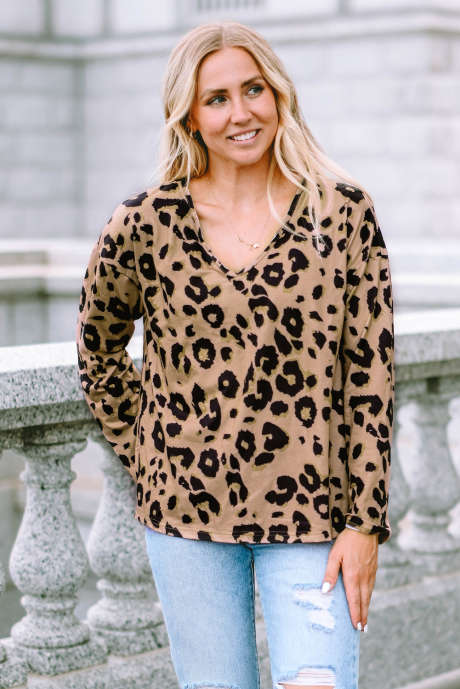 Bruine Leopard Split Joint V-hals lange mouwen Tops