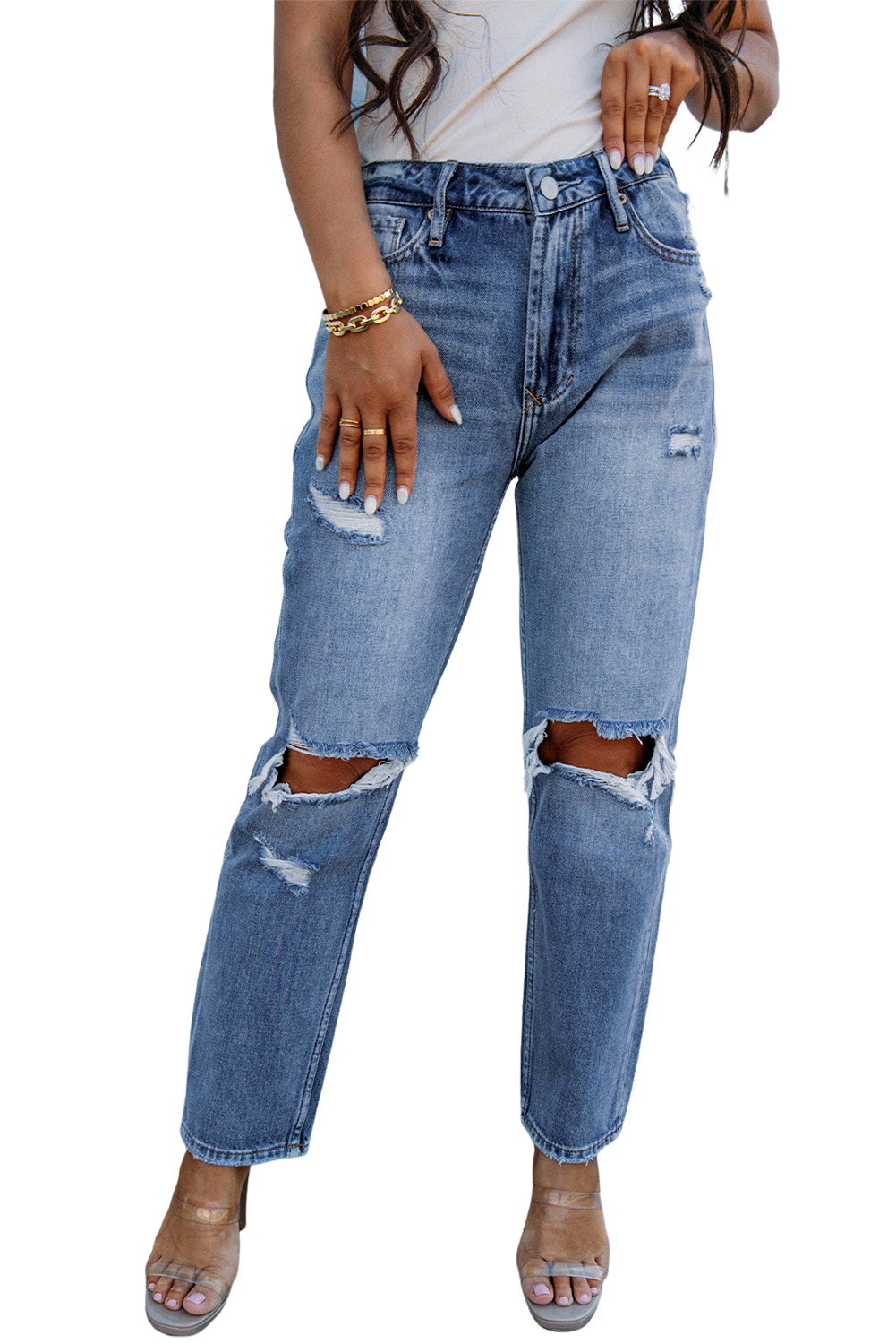 $12.3 Sky Blue Open Knee Cutout Straight Leg Jeans Wholesale